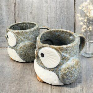 Kotobuki Japanese Stoneware Ceramic Coffee Mug Cup Set 2 Owl Bird Shaped Mugs